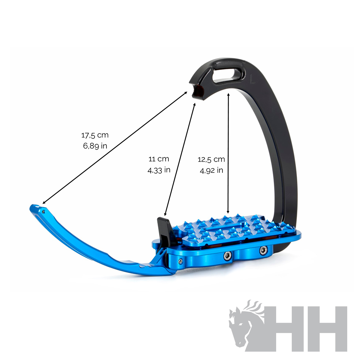 Escada de tiro azul e preta com medidas visíveis