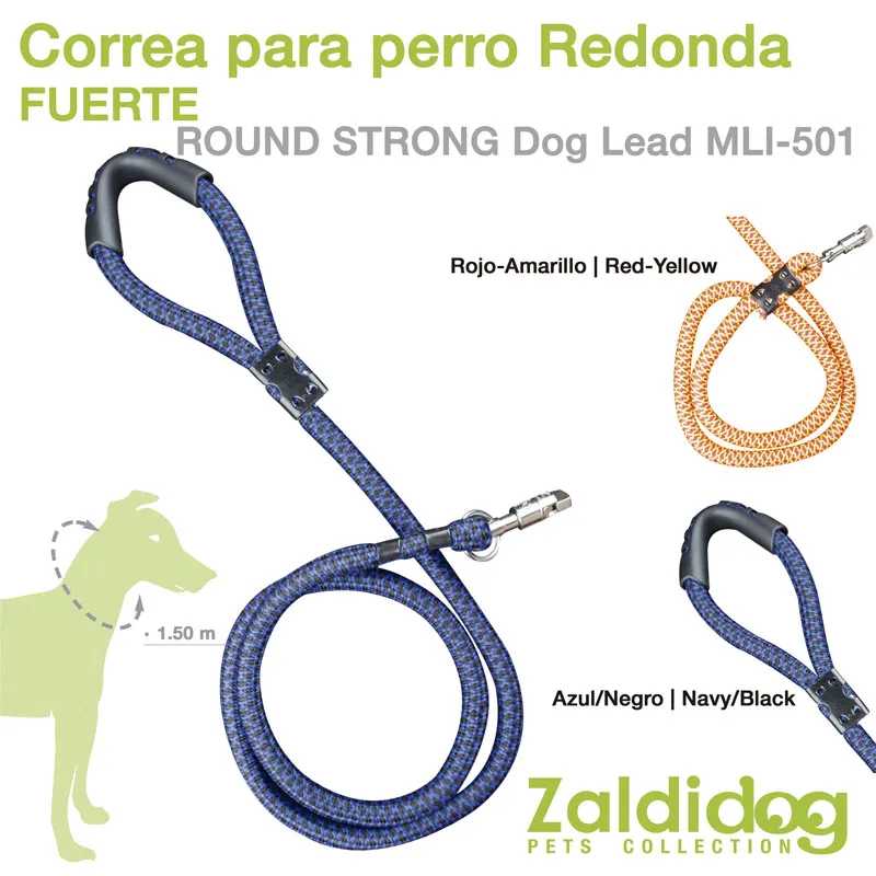 Trela redonda para cão feitas de corda resistente em azul-preto e vermelho-amarelo com pega acolchoada e mosquetão.