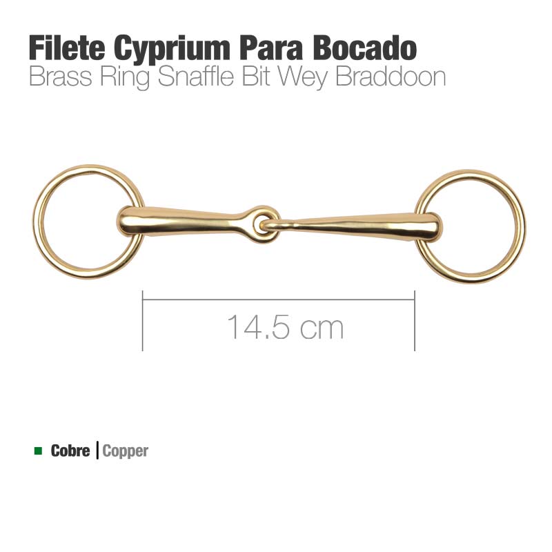 Filete para bocado de cobre com argolas laterais e comprimento indicado de 14,5 cm