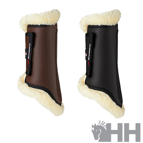 Proteções para cavalos castanhas e pretas com forro creme sobre fundo branco com logotipo HH