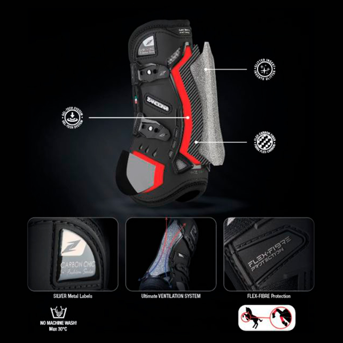 Botas desportivas pretas com detalhes vermelhos e sistema de ventilação