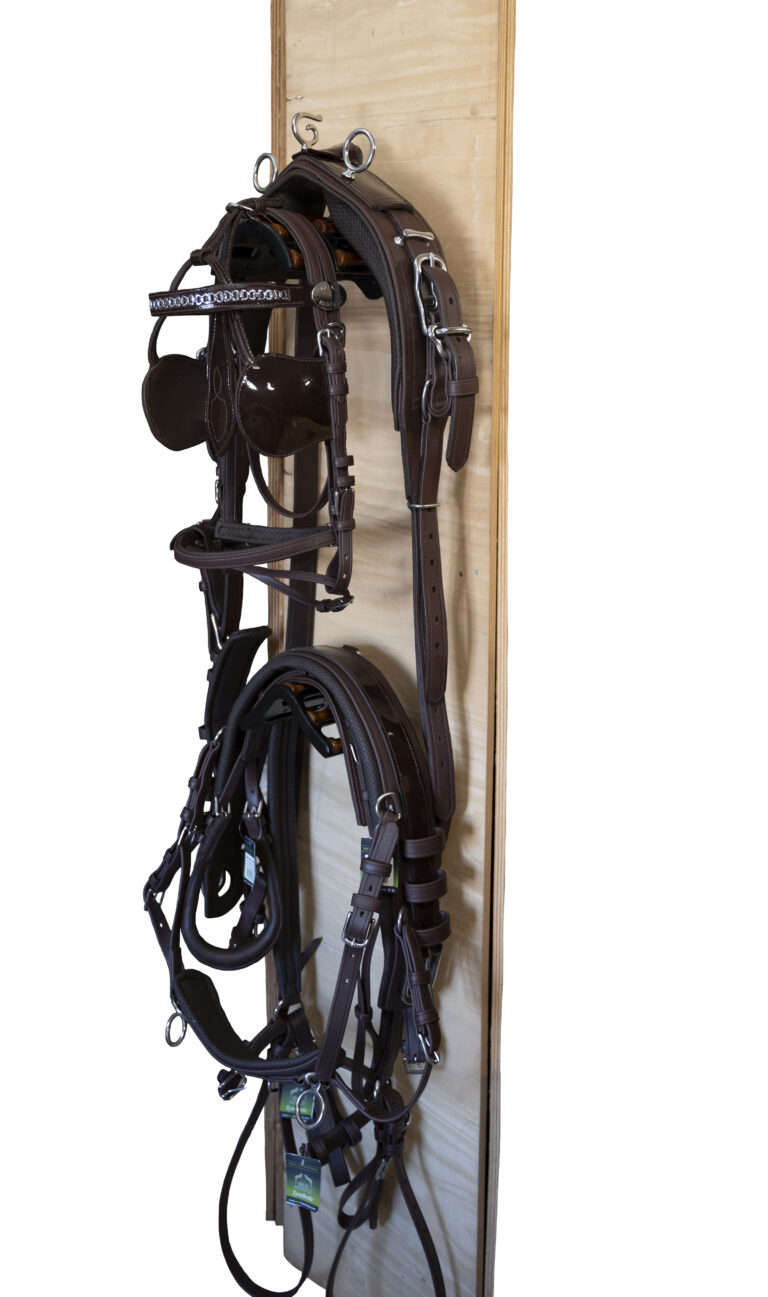 Cabeçada de cavalo em couro castanho pendurada em tábua de madeira