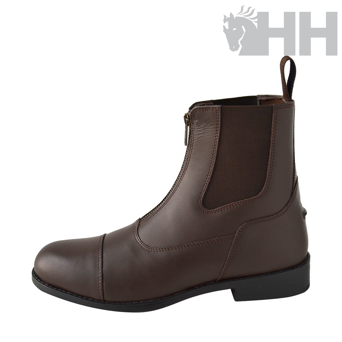 Botim de equitação em couro castanho com fecho frontal e elástico