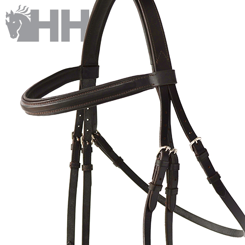 Bridão de cavalo em couro castanho escuro com fivelas metálicas