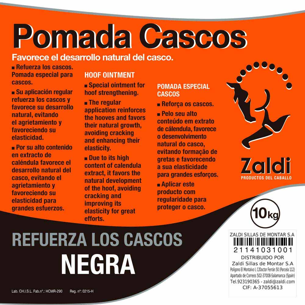 Etiqueta de pomada para cascos Zaldi 10kg, texto multilingue sobre cuidados com cascos de cavalos