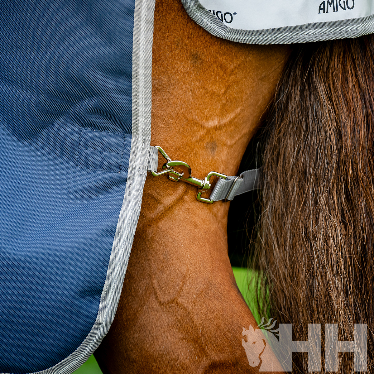 Cobertura de cavalo azul com fecho metálico e logotipo AMIGO