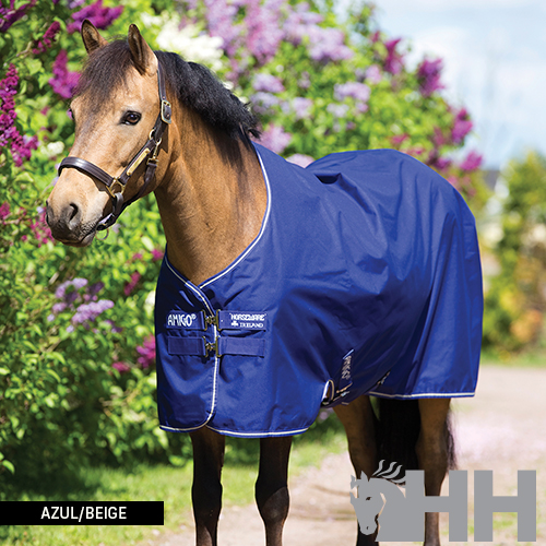 Cavalo com manta impermeável azul e bege em ambiente exterior