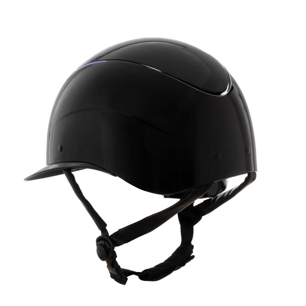 Capacete de equitação preto brilhante com viseira e fita de fixação