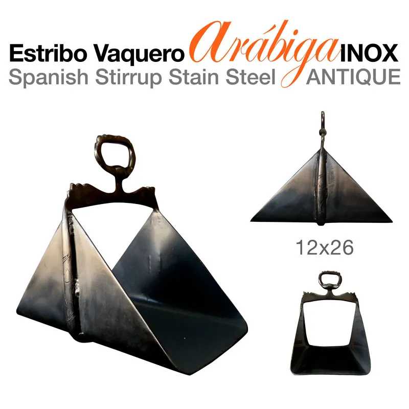 Estribo vaqueiro em aço inoxidável com acabamento antigo, várias vistas e texto descritivo