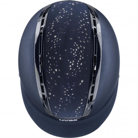 capacete de equitação azul escuro com pedras brilhantes e ranhuras pretas