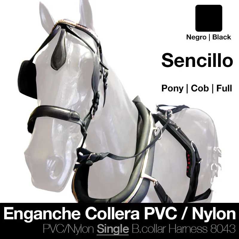Arnês preto de PVC e nylon para cavalo com tiras acolchoadas sobre cavalo branco