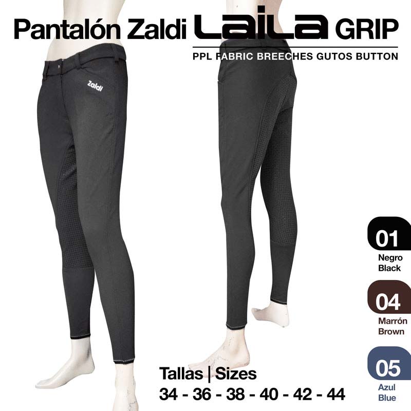Calças Zaldi Laila Grip pretas para equitação, tamanhos disponíveis 34-44, opções de cor Negro, Marrón e Azul.