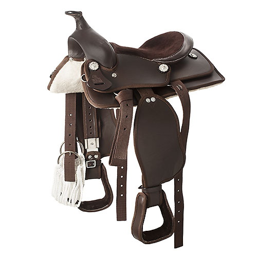 Sela de montar em couro castanho escuro com detalhes metálicos prateados