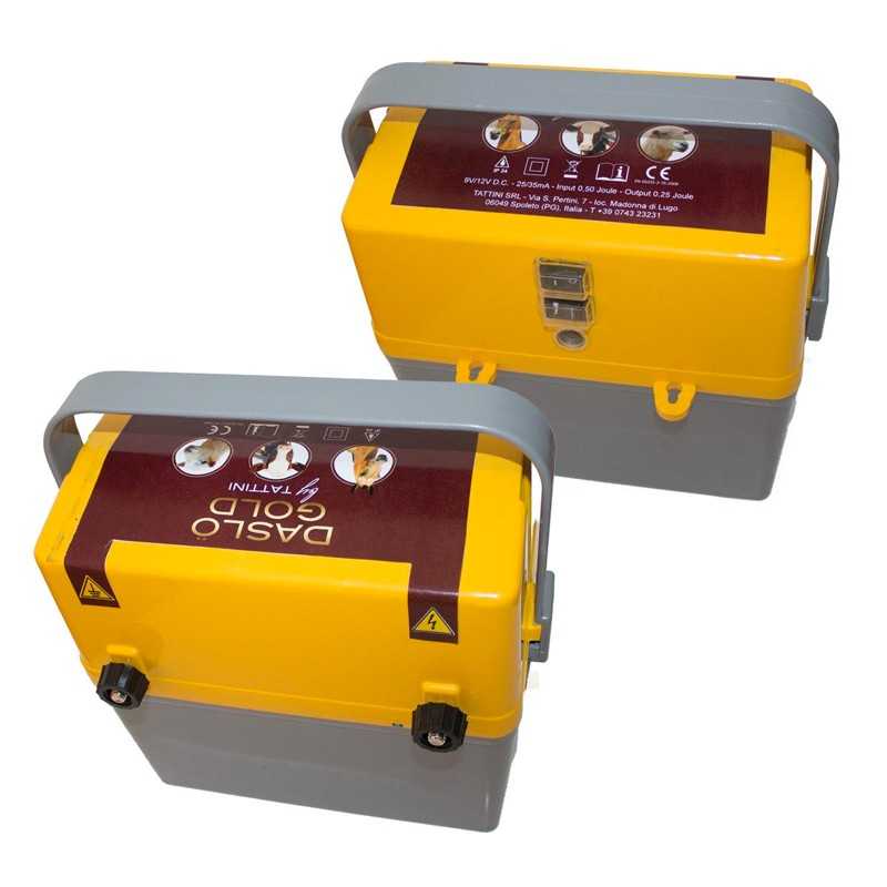 Dispositivos eletrónicos amarelos e cinzentos com etiquetas vermelhas e alças cinzentas.