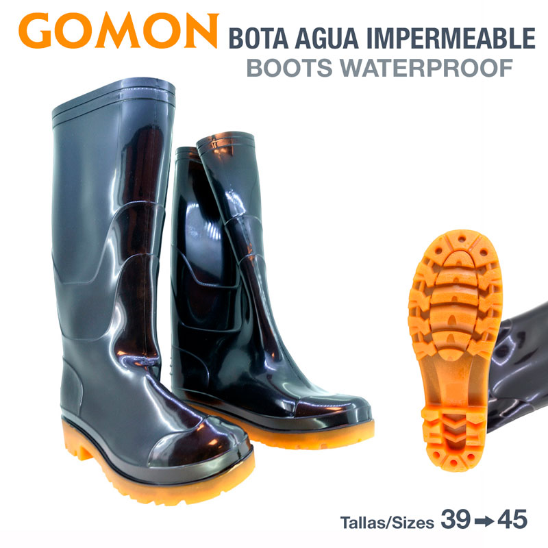 Botas impermeáveis pretas GOMON com sola laranja destacada e texto promocional