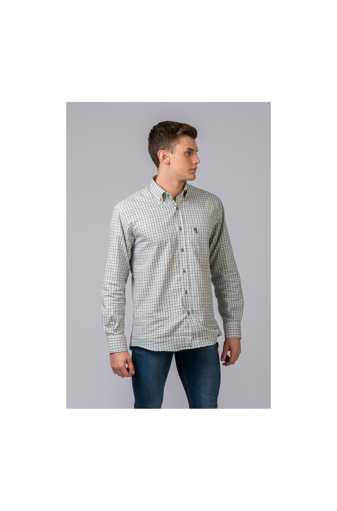 Camisa masculina xadrez cinzento e branco com botão