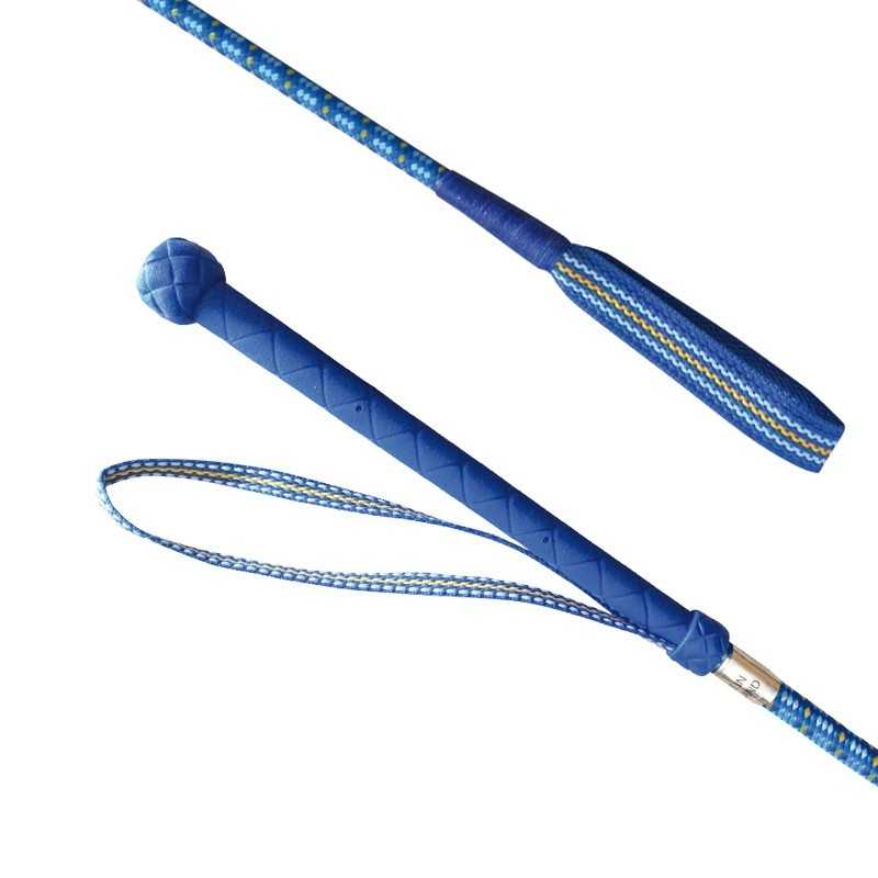 Chicote de couro azul com cabo trançado e cabo acolchoado com alça