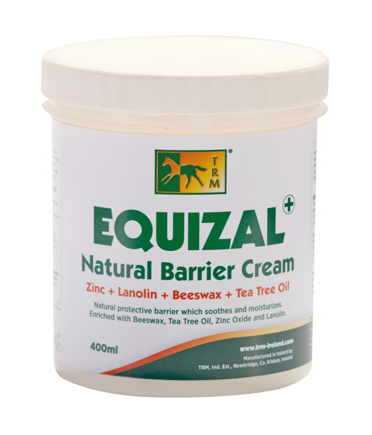 Frasco de creme natural EQUIZAL com tampa branca e etiqueta com cavalo e texto descritivo