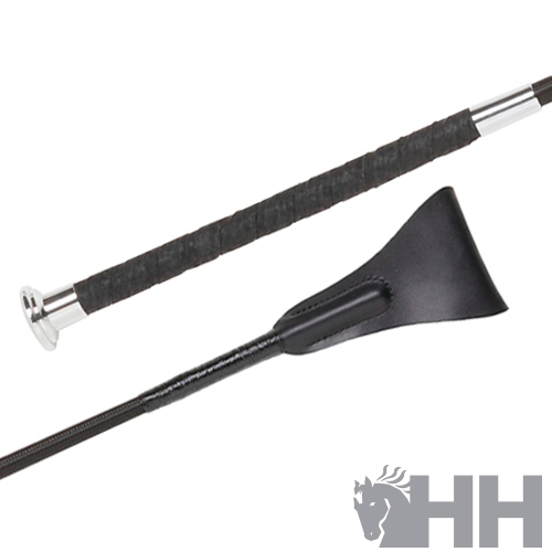 Chicote de equitação com pega preta e extremidade de couro, logotipo HH no canto