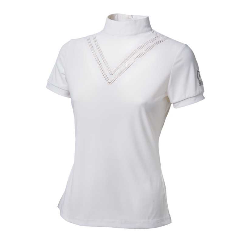 T-shirt feminina branca com gola alta e detalhes perfurados