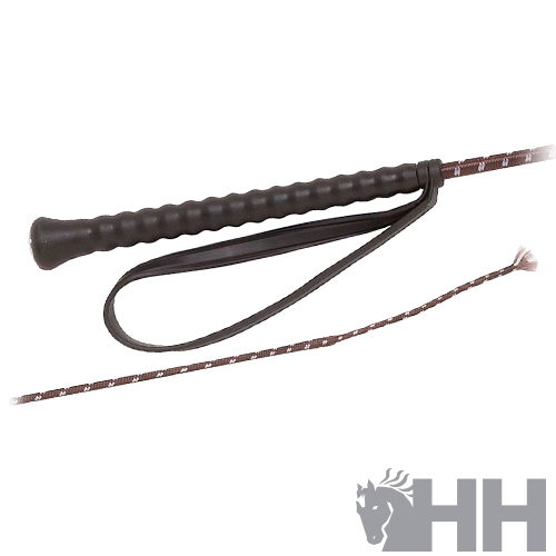 Chibato de equitação com pega preta e fita castanha com linhas brancas