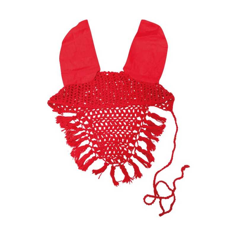 Touca vermelha feita à mão com crochet aberto e franjas.
