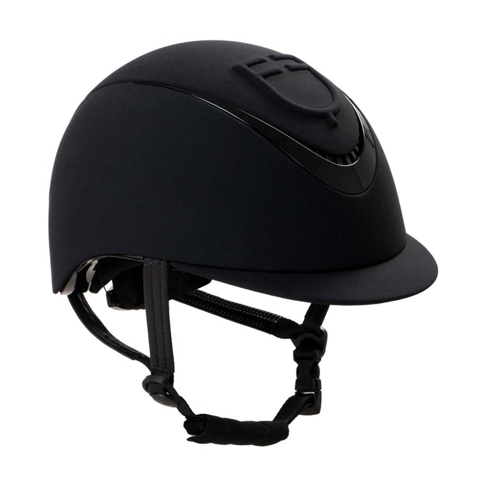 Capacete de equitação preto com cinto ajustável e viseira curta