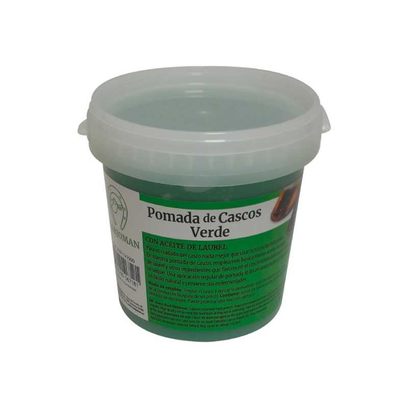 Frasco de pomada verde para cascos com tampa branca e rótulo com texto e imagem de casco