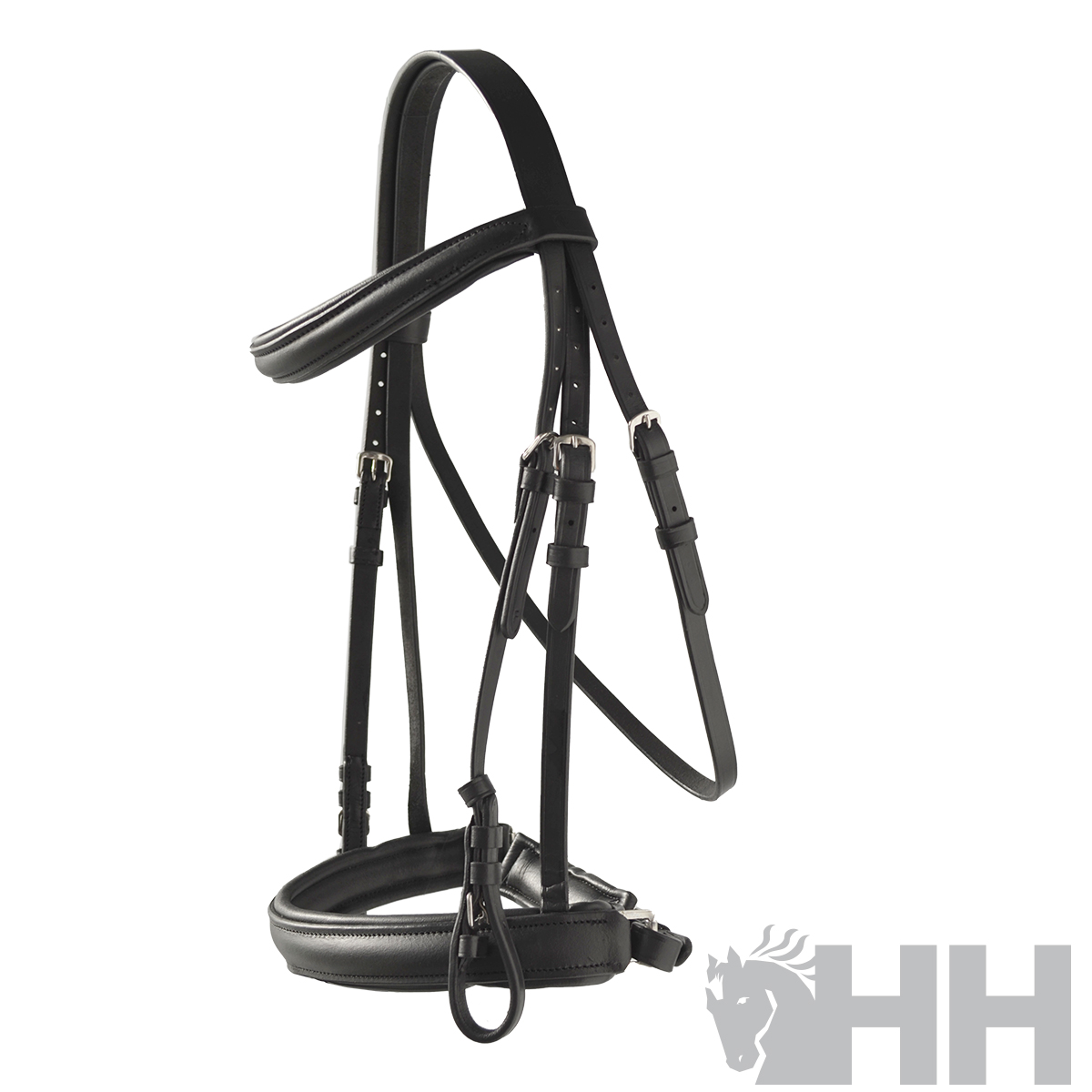 Cabeçada preta de couro com fivelas metálicas