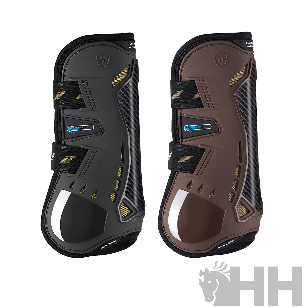 Dois protetores para pernas de cavalo em preto e castanho com detalhes dourados
