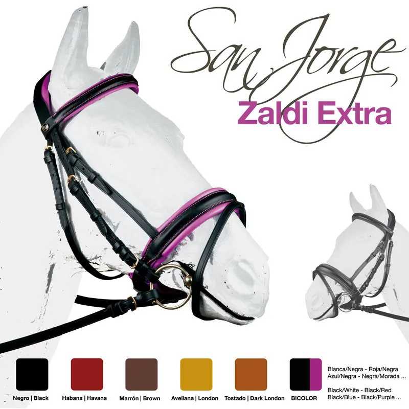 Cabeça de cavalo com rédea e bridão de couro preto e roxo e texto San Jorge Zaldi Extra