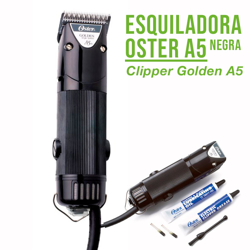 Máquina de cortar cabelo Oster A5 preta com acessórios e texto promocional