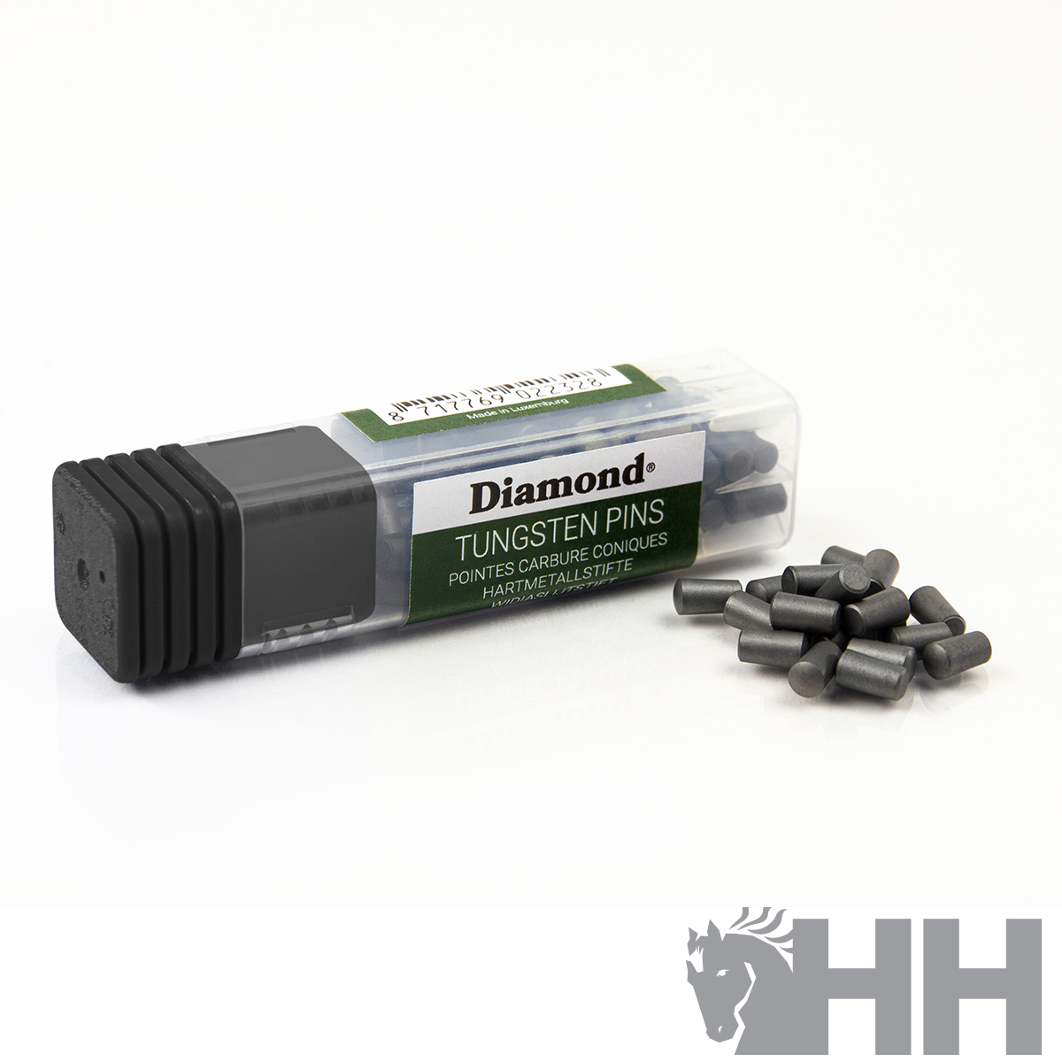 Pins de tungsténio em caixa plástica transparente com tampa preta e vários pins lado a lado