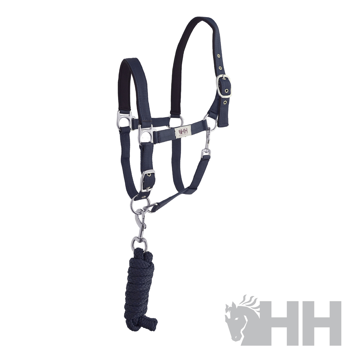 Cabresto para cavalo azul escuro com corda ligada em fundo branco e logótipo HH