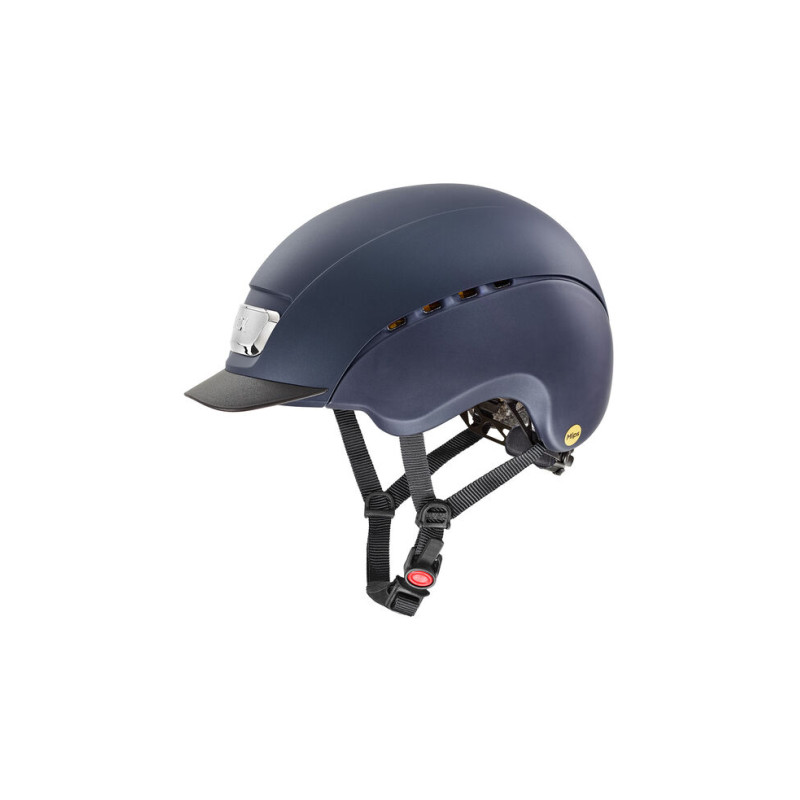 Capacete de equitação azul escuro com viseira preta e fita ajustável
