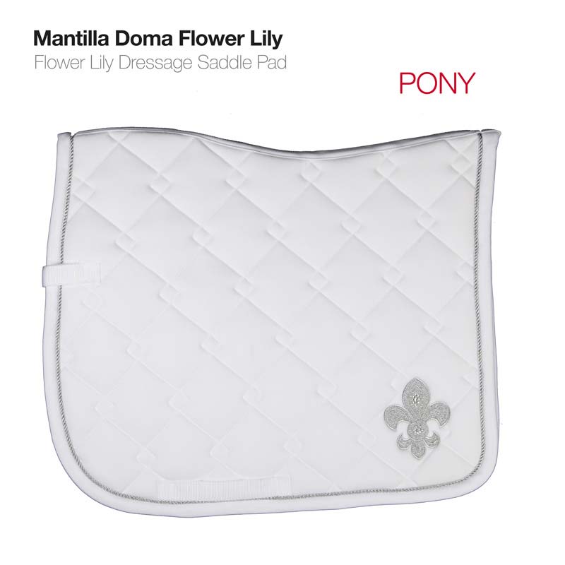 Mantilha Doma Flower Lily branca para sela, com borda cinza e flor-de-lis prateada