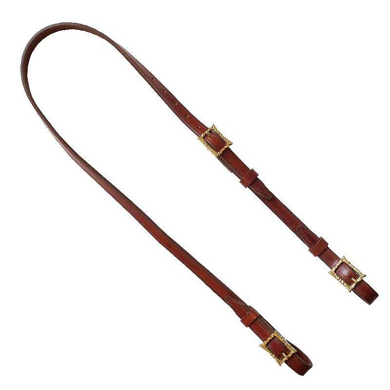 Alça de mão fina em pele castanha com fivelas douradas