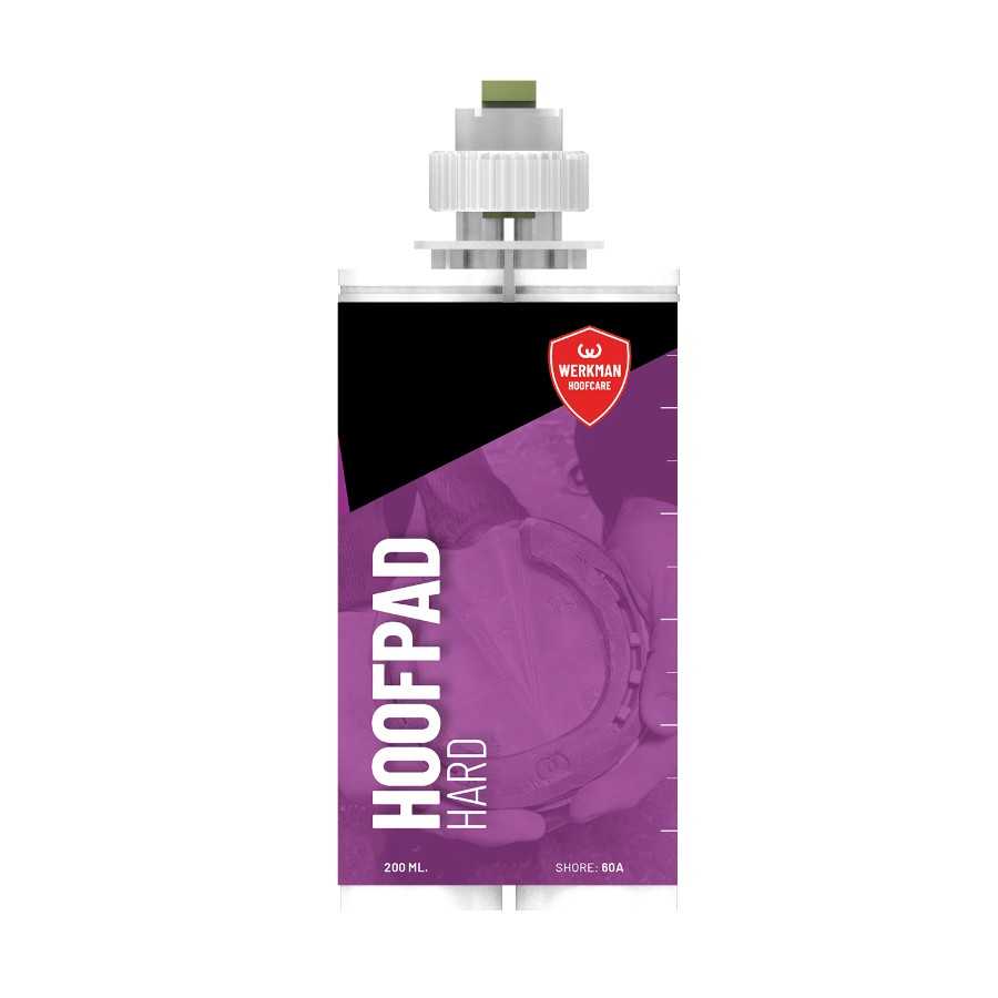 Embalagem de produto líquido HOOFPAD HARD com selo WERKMAN HOOFCARE e imagem de ferradura roxa.