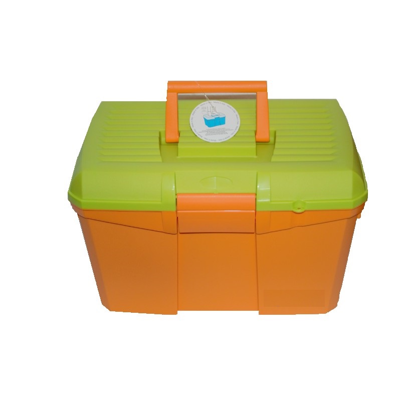 Caixa organizadora de plástico verde e laranja com pega e etiqueta