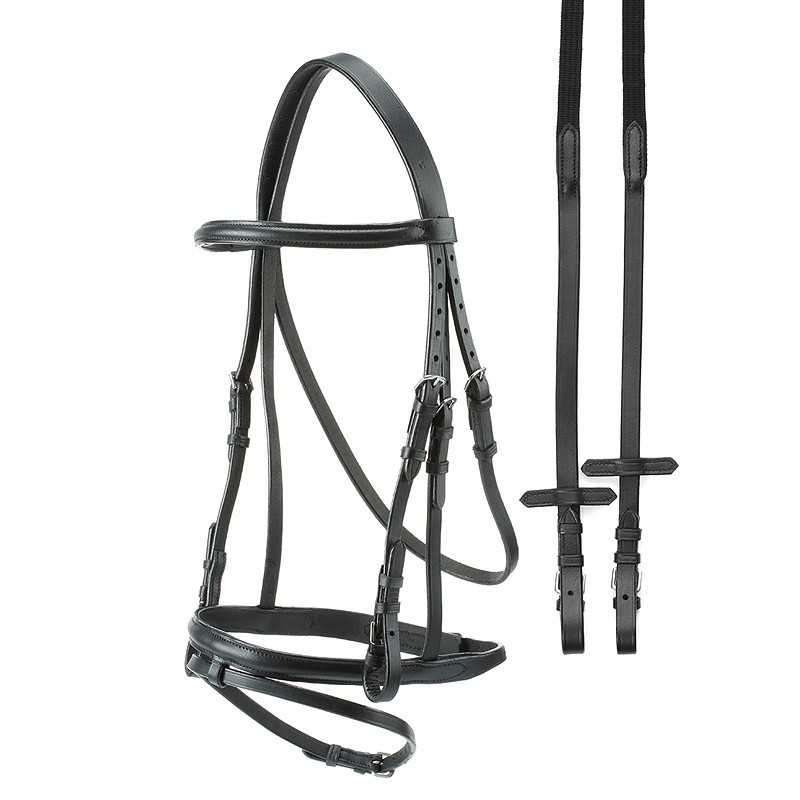 Bridão de couro preto para cavalo com fivelas e rédeas, fundo branco