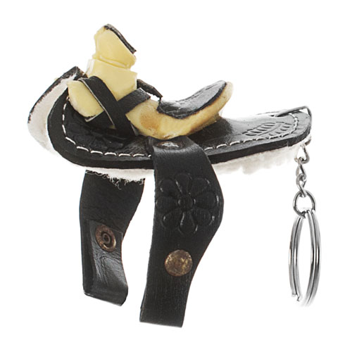Porta-chaves em forma de sela de cavalo com couro preto e detalhes amarelos