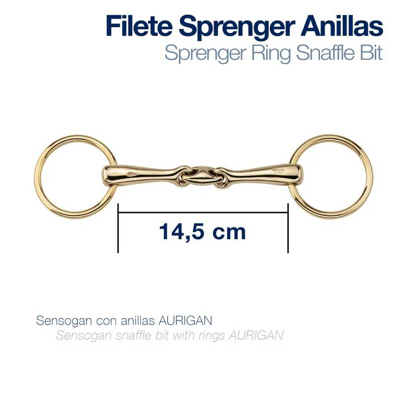 Bocado metálico dourado Sprenger Ring Snaffle Bit com anilhas de 14,5 cm