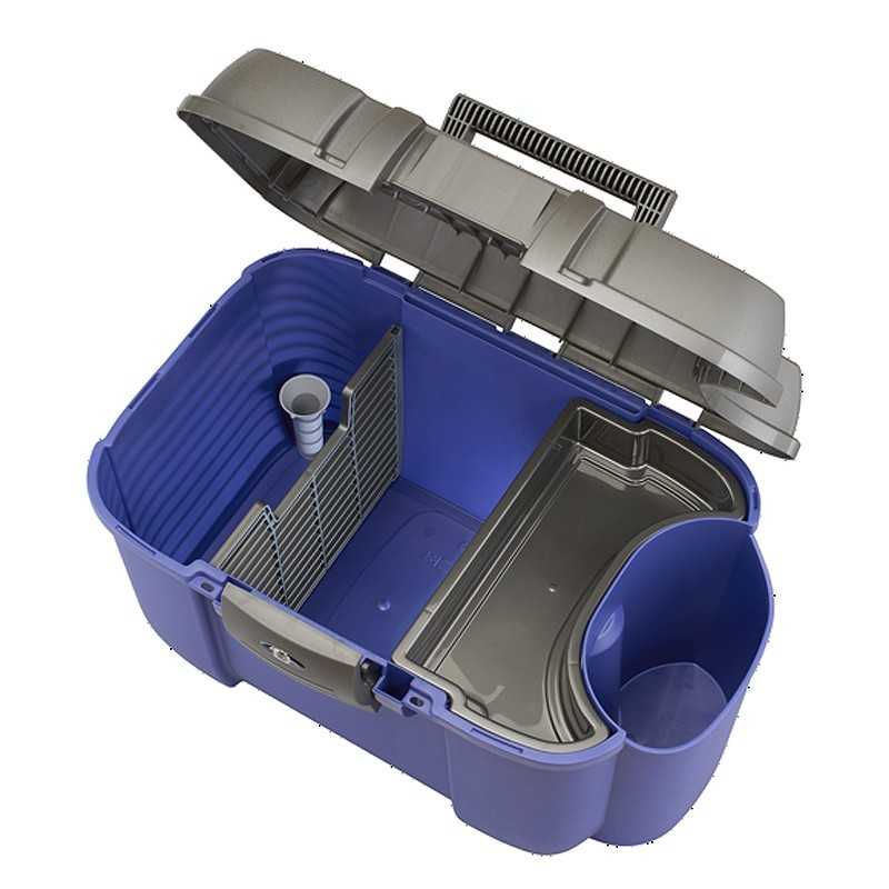 Caixa de plástico azul com tampa cinza aberta e divisórias interiores