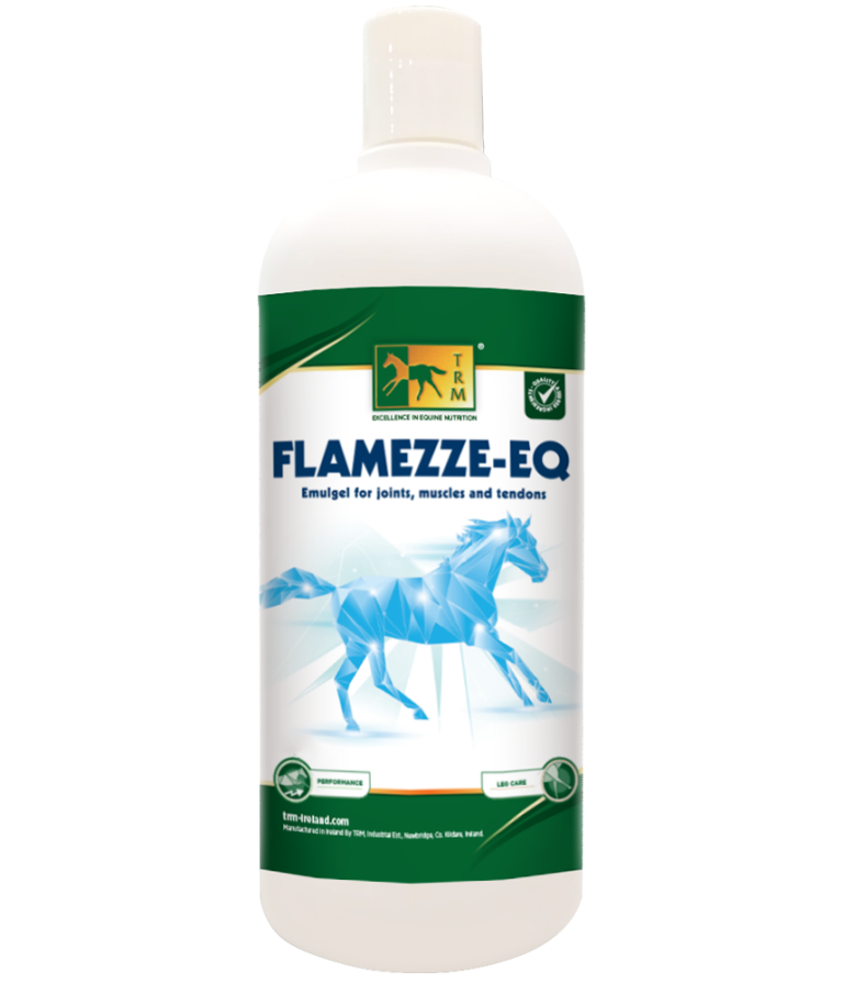 Frasco branco do produto FLAMEZZE-EQ com rótulo verde e imagem de cavalo azul