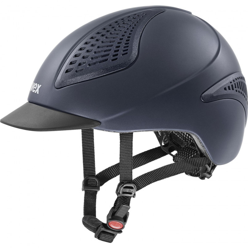 Capacete azul escuro com viseira e correias ajustáveis pretas