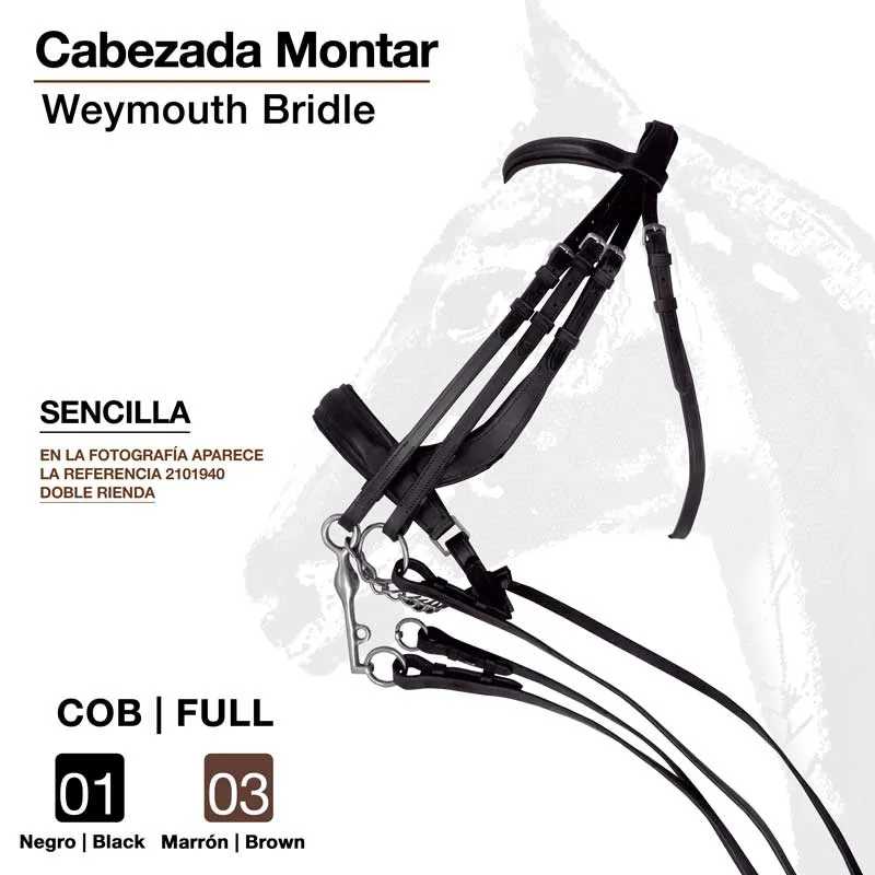 Cabeçada de montar Weymouth Bridle em couro preto com fivelas metálicas