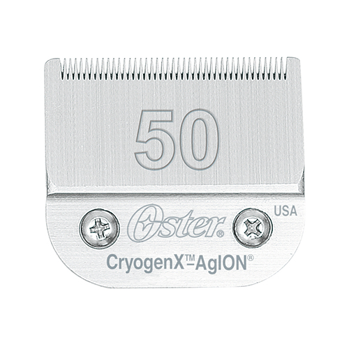 Lâmina metálica prateada para tesoura de cabelo Oster com número 50 e inscrições