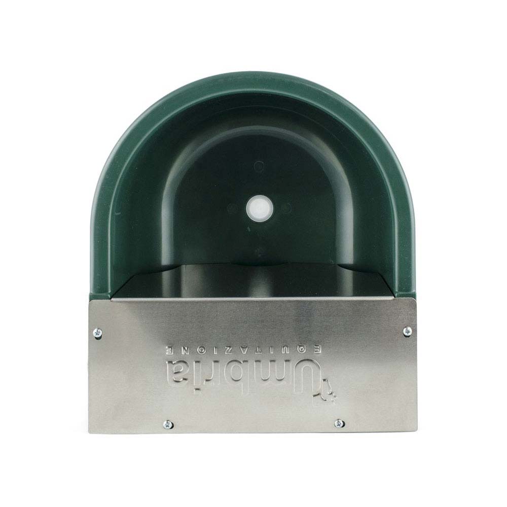 Comedouro verde para pequenos animais com placa de metal cinzento gravada
