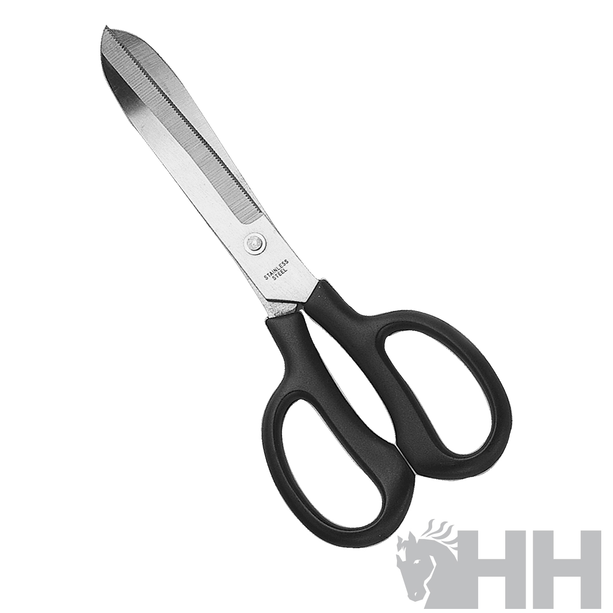 Tesoura grande com lâminas de metal e cabo preto com logótipo H&H