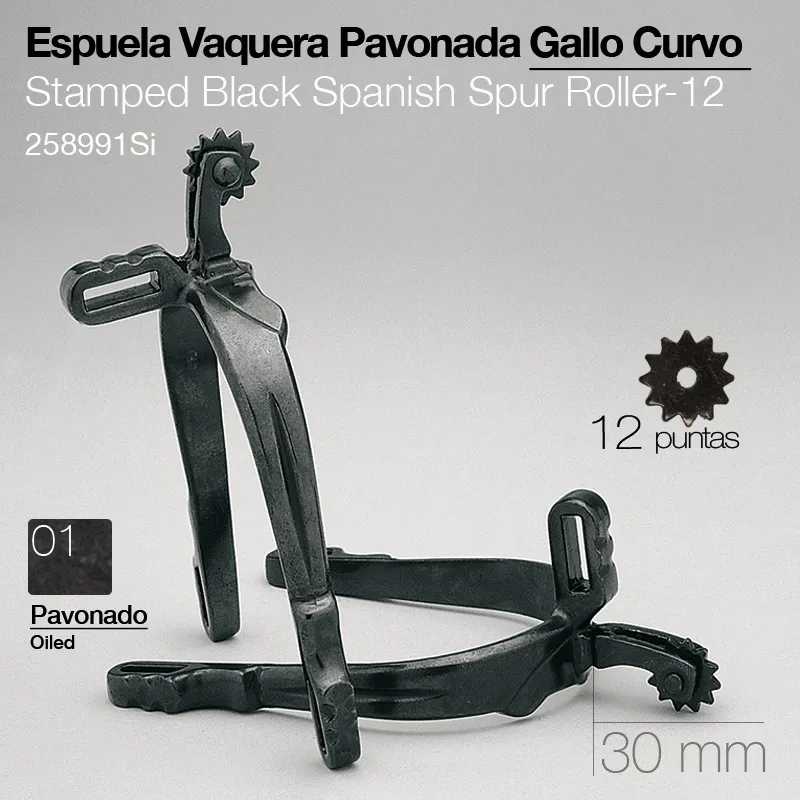 Espora vaqueira pavonada preta metálica com rolete curvo de 12 pontas